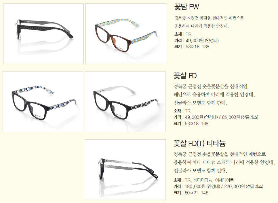 꽃담 FW 경복궁 자경전 꽃담을 현대적인 패턴으로 응용하여 다리에 적용한 안경테. 소재 | TR 가격 | 49,000원 (안경테) 크기 | 53□18 138 / 꽃살 FD 경복궁 근정전 솟을꽃문살을 현대적인 패턴으로 응용하여 다리에 적용한 안경테. 선글라스 모델도 함께 판매. 소재 | TR 가격 | 49,000원 (안경테) / 65,000원 (선글라스) 크기 | 53□18 138 / 꽃살 FD(T) 티타늄 경복궁 근정전 솟을꽃문살을 현대적인 패턴으로 응용하여 베타 티타늄 소재의 다리에 적용한 안경테. 선글라스 모델도 함께 판매. 소재 | TR, 베타티타늄, 아세테이트 가격 | 180,000원 (안경테) / 220,000원 (선글라스) 크기 | 50□21 145