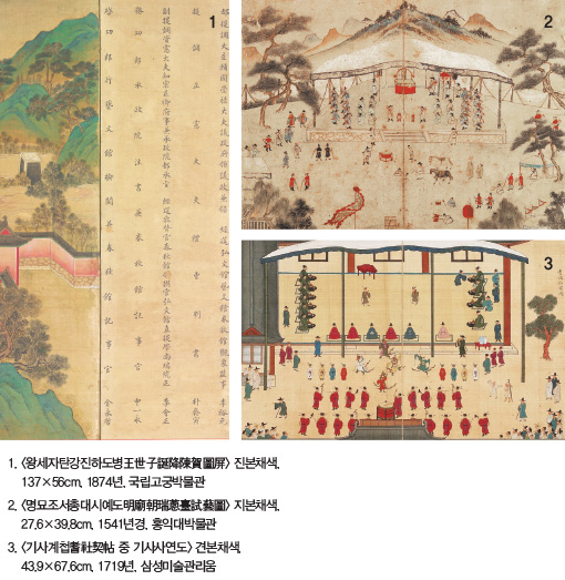 1. 〈왕세자탄강진하도병王世子誕降陳賀圖屛〉 진본채색,  137×56cm, 1874년, 국립고궁박물관 2. 〈명묘조서총대시예도明廟朝瑞蔥臺試藝圖〉 지본채색,  27.6×39.8cm, 1541년경, 홍익대박물관 3. 〈기사계첩耆社契帖 중 기사사연도〉 견본채색,  43.9×67.6cm, 1719년, 삼성미술관리움