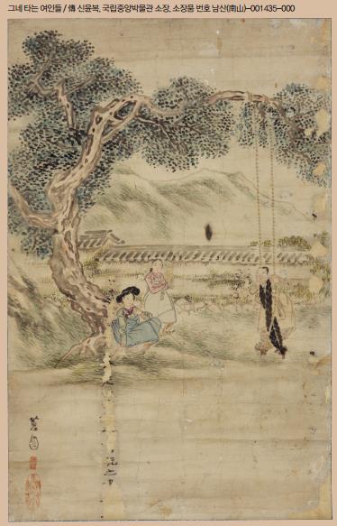 그네 타는 여인들 / 傳 신윤복, 국립중앙박물관 소장, 소장품 번호 남산(南山)-001435-000