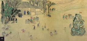 4. 《봉사도》제7폭 모화관에서 행해진 중국사신 영접행사의 연희장면, 산대(왼쪽) 앞에서 연행된 줄타기, 물구나무서기, 접시 돌리기, 가면극 등의 전문적 연희