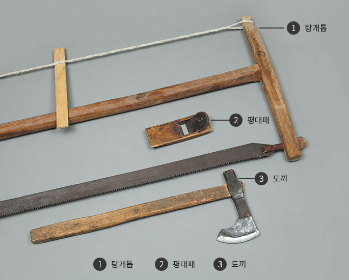 제작도구 1.탕개톱,2.평대패,3.도끼.