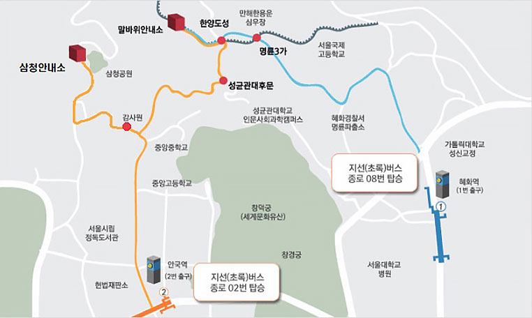 1. 지하철 3호선 안국역 2번 출구로 나옴, 2. 지선(초록)버스 종로 02번 탑승하여 와룡공원에서 하차 후 걸어서 10분 와룡공원 도착, 3. 와룡공원에서 한양도성 따라 걸어서 20분