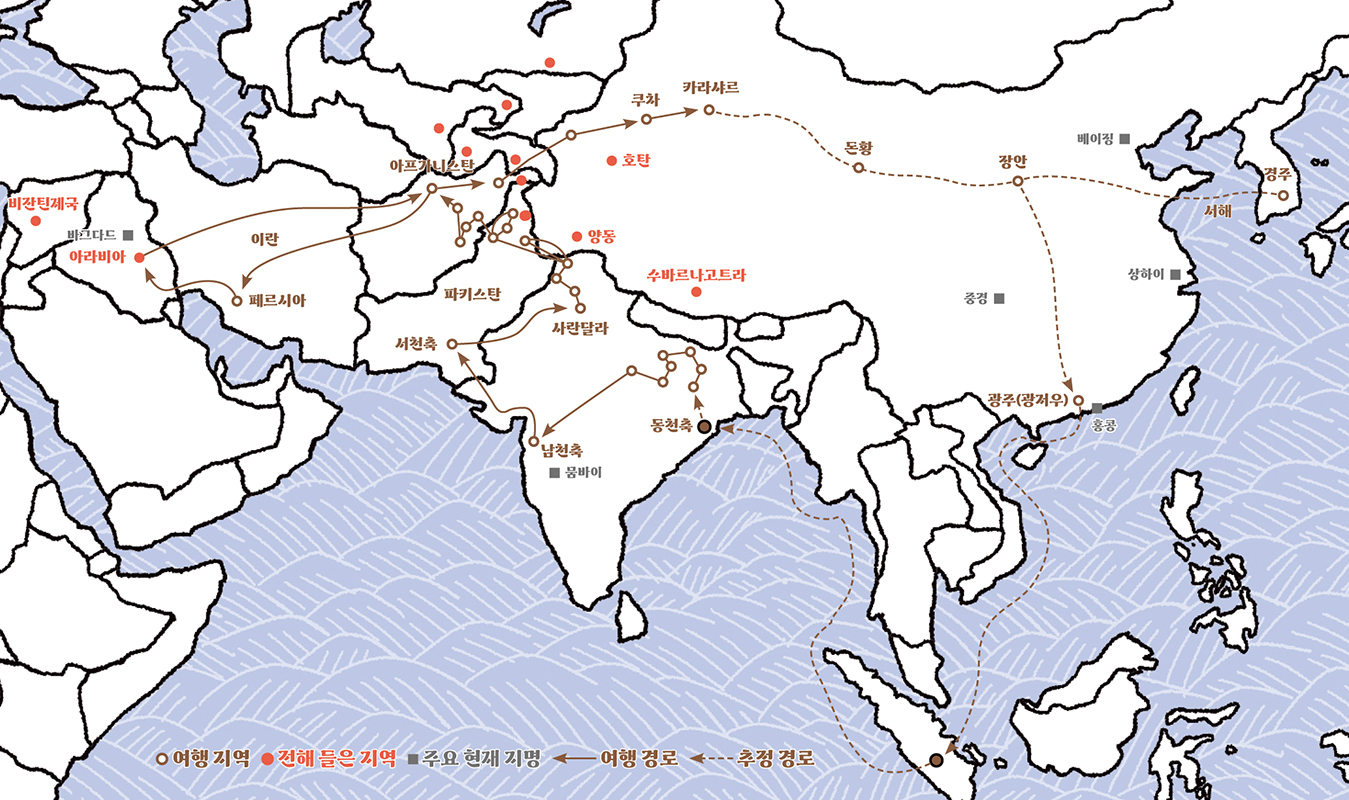 『왕오천축국전』 순례 경로.