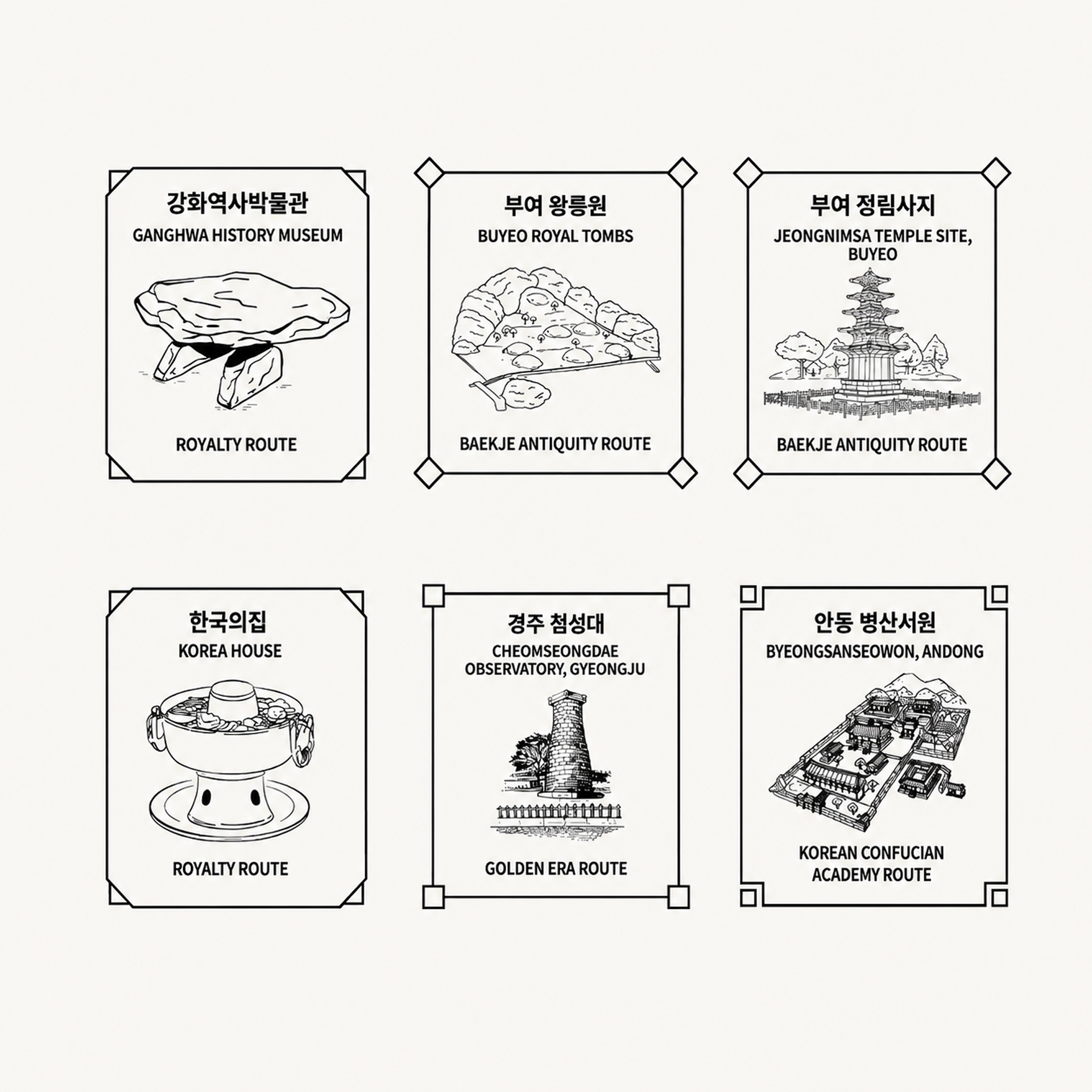강화역사박물관
GANGHWA HISTORY MUSEUM
ROYALTY ROUTE
부여 왕릉원
BUYEO ROWAL TOMBS
BAEKJE ANTIQUITY ROUTE
부여 정림사지
JEONGNIMSA TEMPLE SITE, BUYEO
BAEKJE ANTIQUITY ROUTE
한국의 집
KOREA HOUSE
ROYALTI ROUTE
경주 첨성대
CHEOMSEONGDAE OBSERVATORY, GYEONGJU
GOLDEN ERA ROUTE
안동 병산서원
BYEONGSANSEOWON, ANDONG
KOREAN CONFUCIAN ACADEMY ROUTE